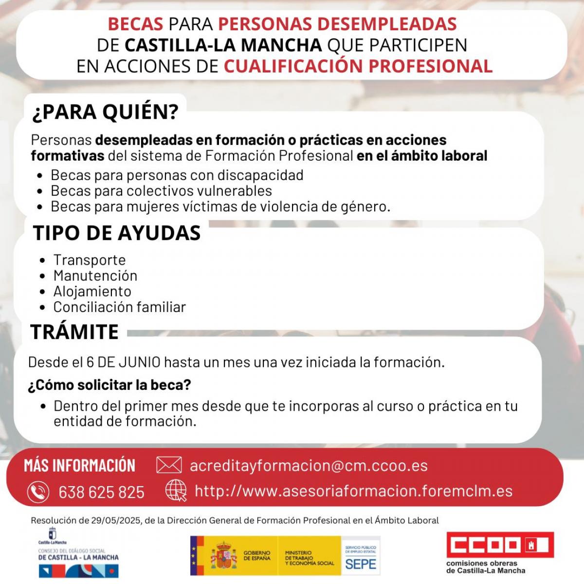 Becas para personas desempleadas de CLM que participen en programas de cualificacin
