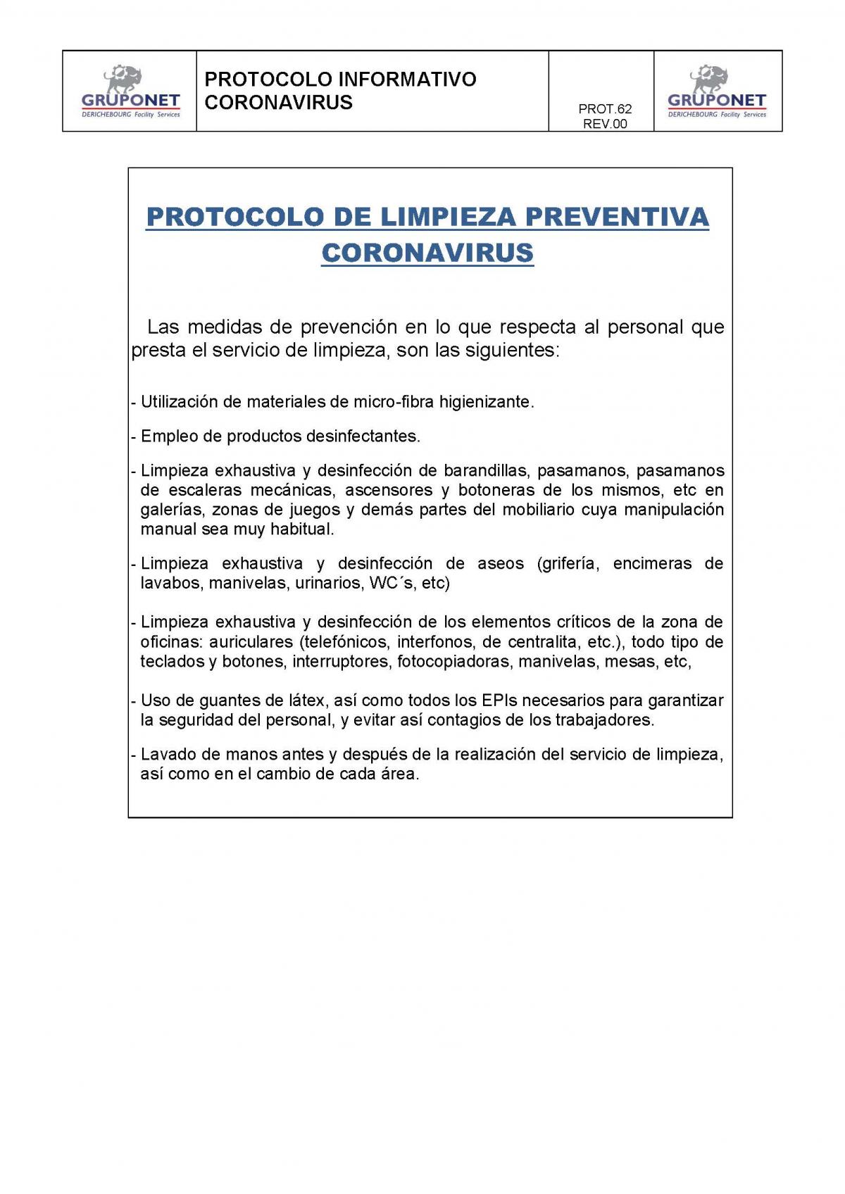 Protocolo de limpieza preventiva coronavirus